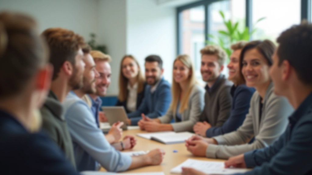 Verschiedene Menschen in Trainingssitzung, gemeinsam lernend, positive Atmosphäre, moderner Kursraum