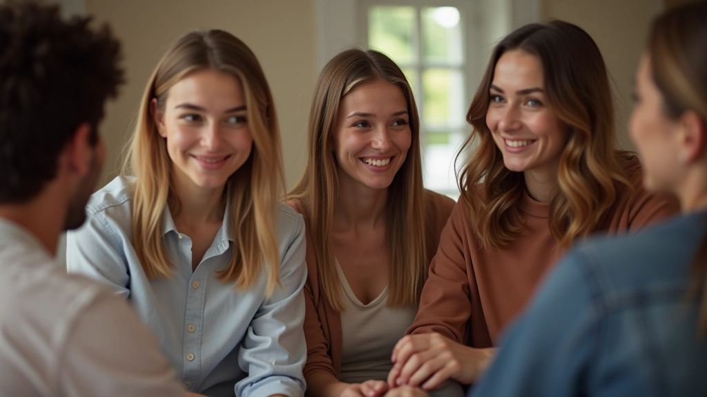 Gruppe von Menschen unterschiedlichen Alters sitzt zusammen in entspannter Atmosphäre, alle lächeln sich an und wirken verbunden