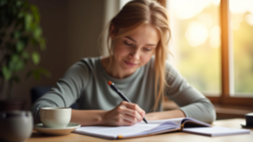Person schreibt mit Stift in Notizbuch, konzentriert, mit Kaffeetasse neben sich auf dem Tisch