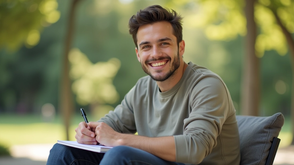 Person sitzt in entspannter Haltung mit offener Körpersprache und lächelt, Notizblock auf dem Schoß, modernes Lernumfeld
