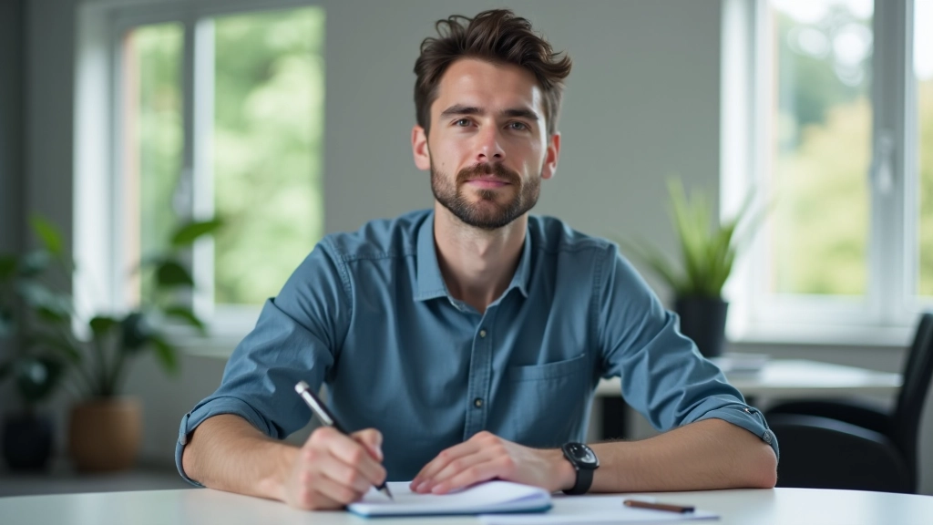 Person sitzt konzentriert am Schreibtisch mit Notizblock und schreibt ihre Gedanken auf