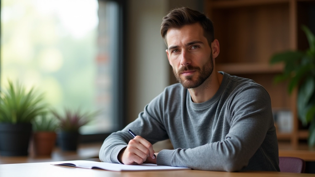 Person sitzt am Schreibtisch und notiert Erkenntnisse nach einem Misserfolg, konzentriert und nachdenklich