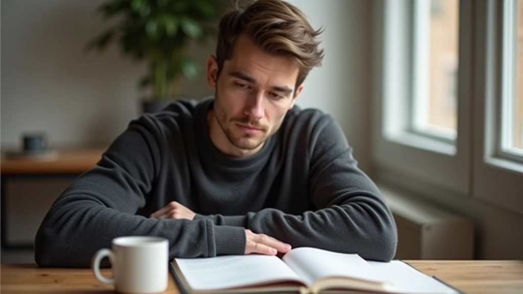 Person sitzt nachdenklich an einem Schreibtisch mit Notizbuch und Kaffee, natürliches Licht