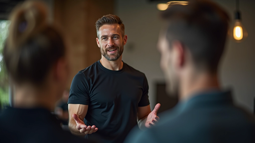 Trainerin erklärt Atemtechniken vor einer Gruppe von aufmerksamen Kursteilnehmern