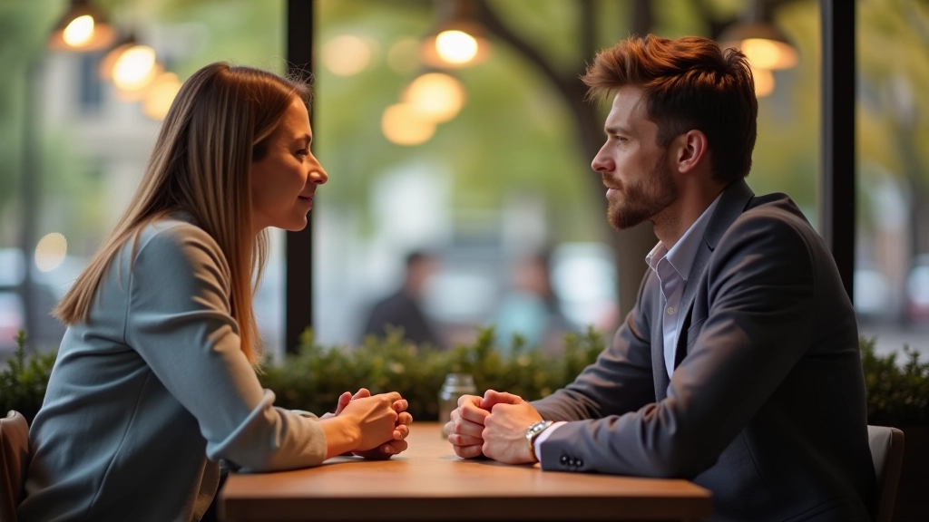 Zwei Menschen sitzen sich gegenüber und führen ein ernsthaftes, vertrauensvolles Gespräch in einem hellen Café