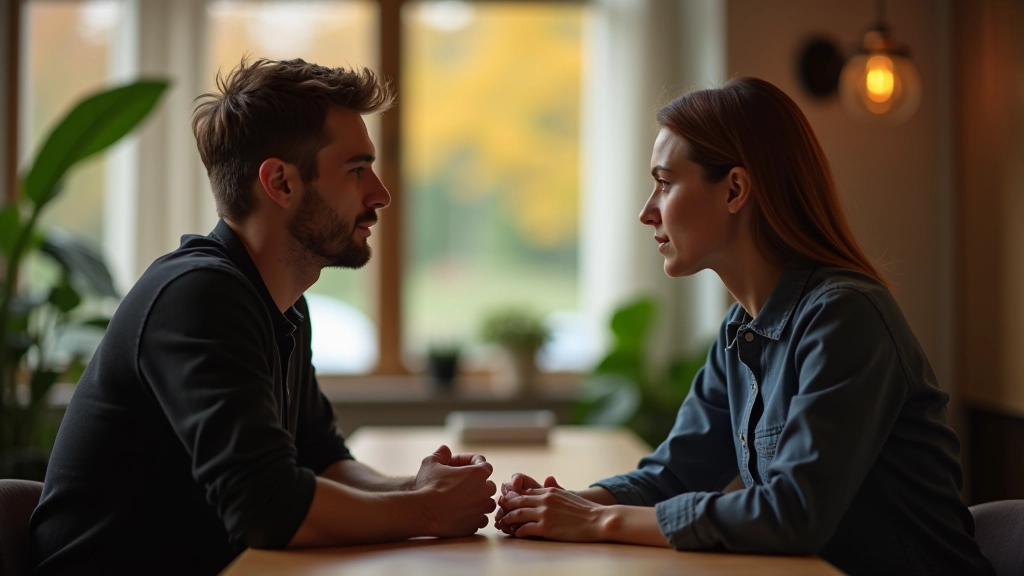 Zwei Menschen sitzen sich am Tisch gegenüber, in ernsthafter Konversation, mit Blickkontakt und aufmerksamer Körpersprache